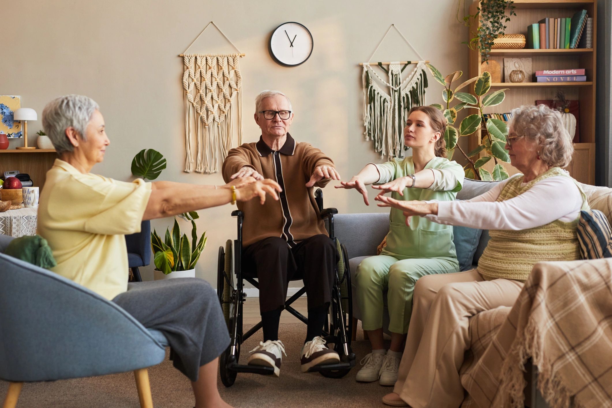 Supportive rehabilitation exercise session with caregiver